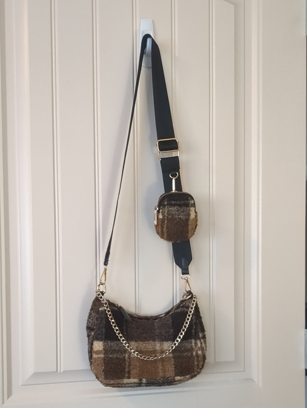 Plaid Brown Faux-Fur Crossbody Bag with Chain Accent